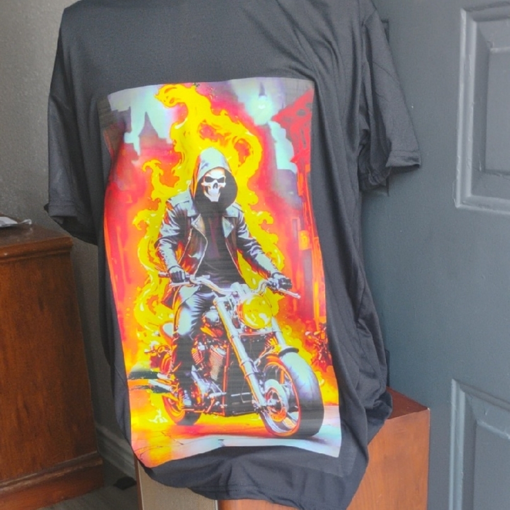 Black Graphic T-Shirt with Fiery Motorcycle Design